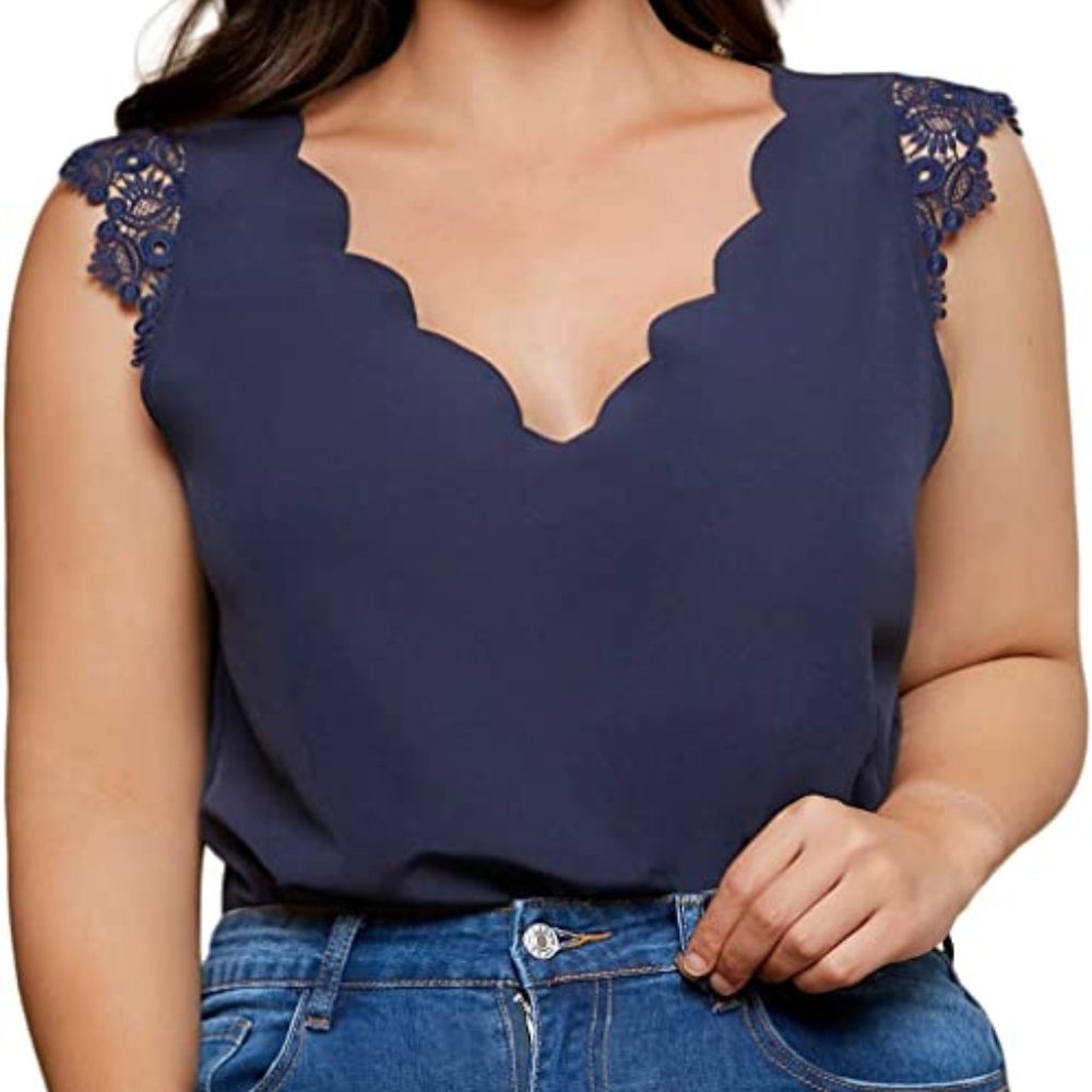 Romwe Women's Plus Size Sleeveless Scallop Trim V Neck Lace Work Blouse Tank Top